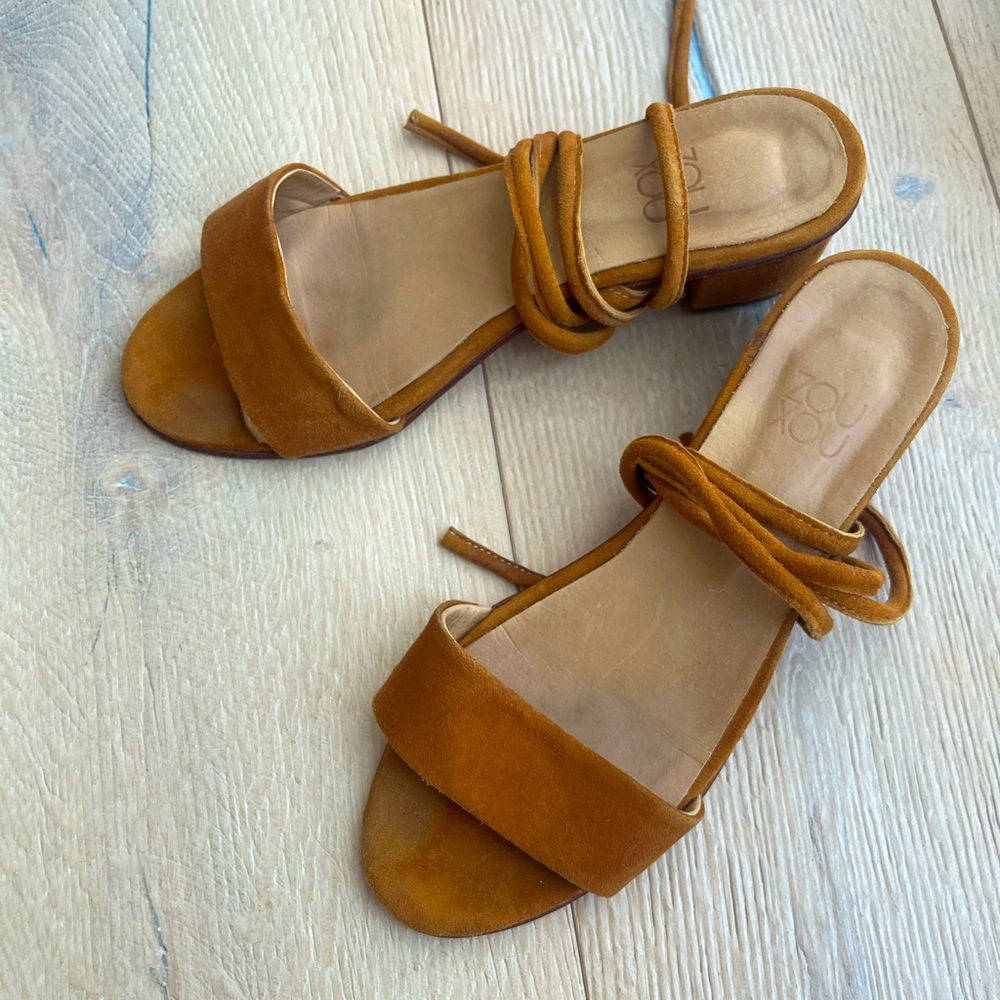 Women's Suede Ankle-Tie Slide Sandals in Cognac